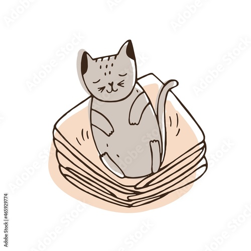 Cute naughty cat lying on pile of clothes and leaving hair on it. Nasty kitty sleeping on clean apparel. Problem of bad behavior of domestic animal or pet. Colorful hand drawn vector illustration.