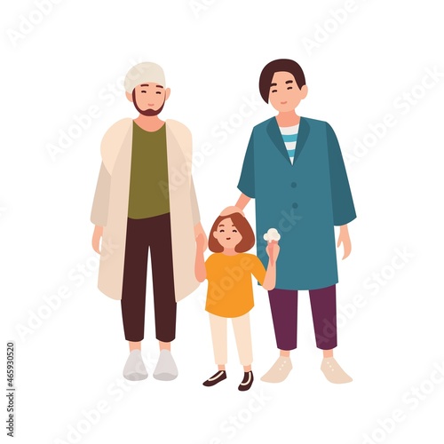 Gay couple standing with their daughter. Pair of smiling young men and adopted kid. Modern loving homosexual family. Flat cartoon characters isolated on white background. Colored vector illustration.