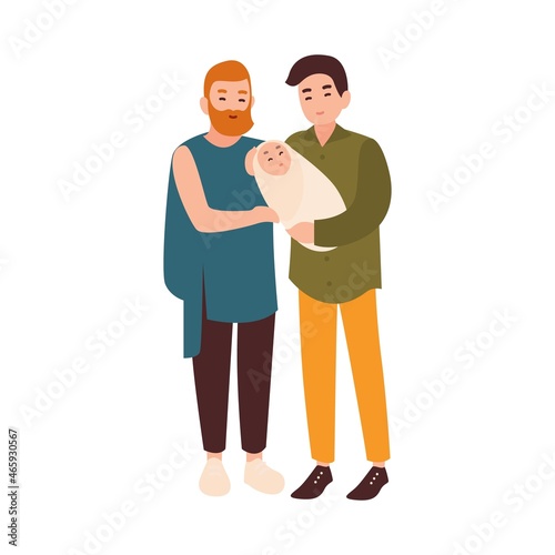 Joyful gay couple standing together and holding infant child. Modern homosexual partners or spouses and parenting. Flat cartoon male characters isolated on white background. Vector illustration.