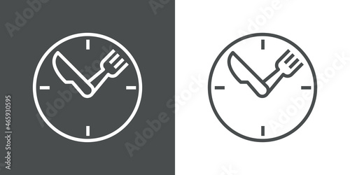 Lunch Time. Reloj con cubiertos. Logotipo con esfera de reloj con tenedor y cuchillo como manecillas con lineas en fondo gris y fondo blanco