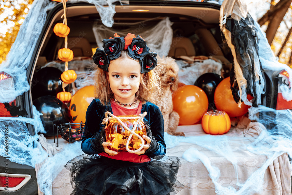 little girl in spooky costume and hat with bucket of sweets and cute poodle dog in ghost costume sits in trunk car decorated for Halloween with web, orange balloons and pumpkins, outdoor creative