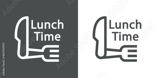 Logotipo texto Lunch Time con tenedor y cuchillo como manecillas de reloj con lineas en fondo gris y fondo blanco