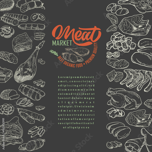 A set of meat products on a blackboard with chalk. Sausages, ham, bacon, lard, salami in sketch style.