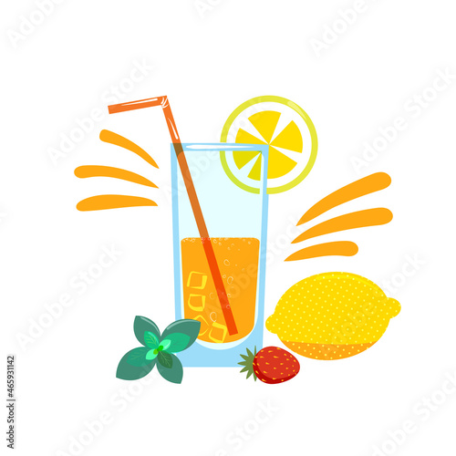 Lemonade in a tall glass with a straw and ingredients, lemon fruit, mint, lemon slice