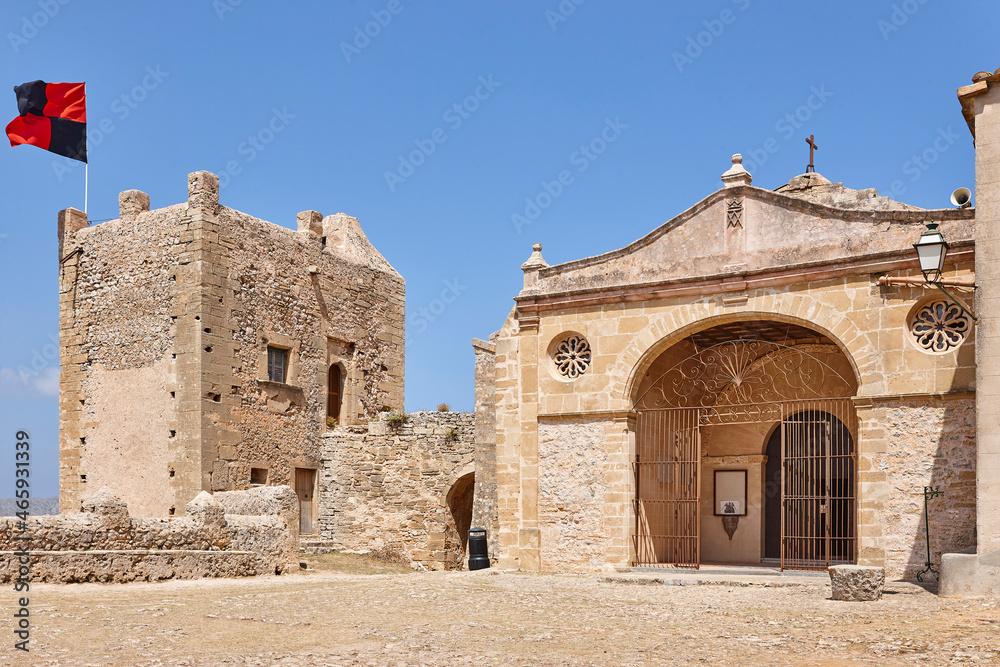Stone chapel fortification in Pollenca. Puig de Maria sanctuary. Spain