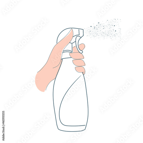 Bottle with spray, spray gun in hand. Spraying of antiseptic, cleaning agent, insecticide. Vector isolated illustration on a white background.