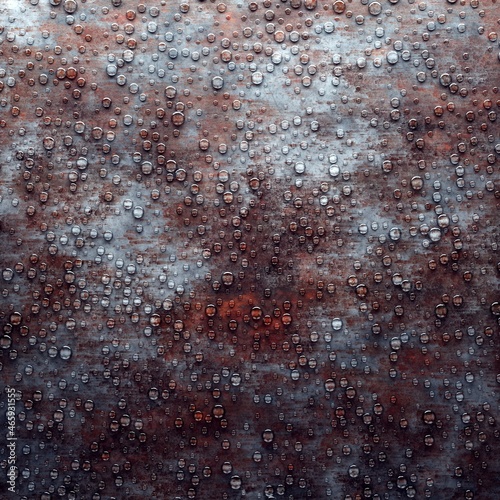 Rusty surface full of water droplets.