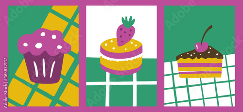 Cute dessert poster set with muffin and cakes on checkered backgrounds. Bright banners in cartoon style. Vector flat hand drawn illustrations for wall decor, menu, postcards or party design