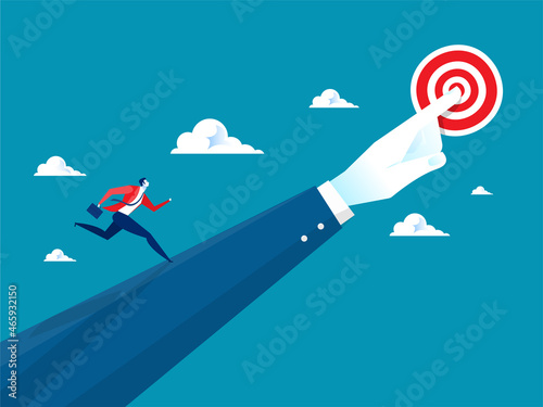Businessman  running to goal on pointing finger.direction to achieve goal or target flat vector illustrator.