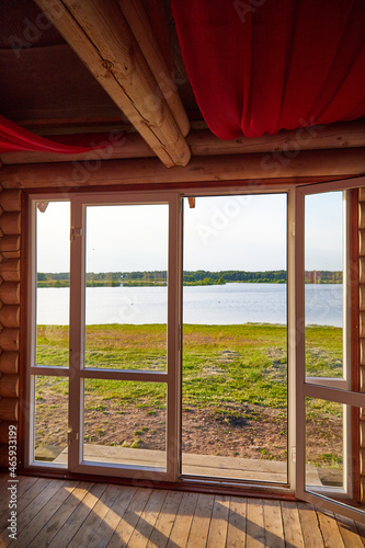 Big wooden window with frame and nature background