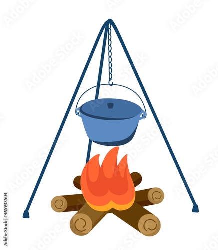 Bonfire with a pot in hiking, traveling. Cooking in nature and over an open fire. Vector illustration.