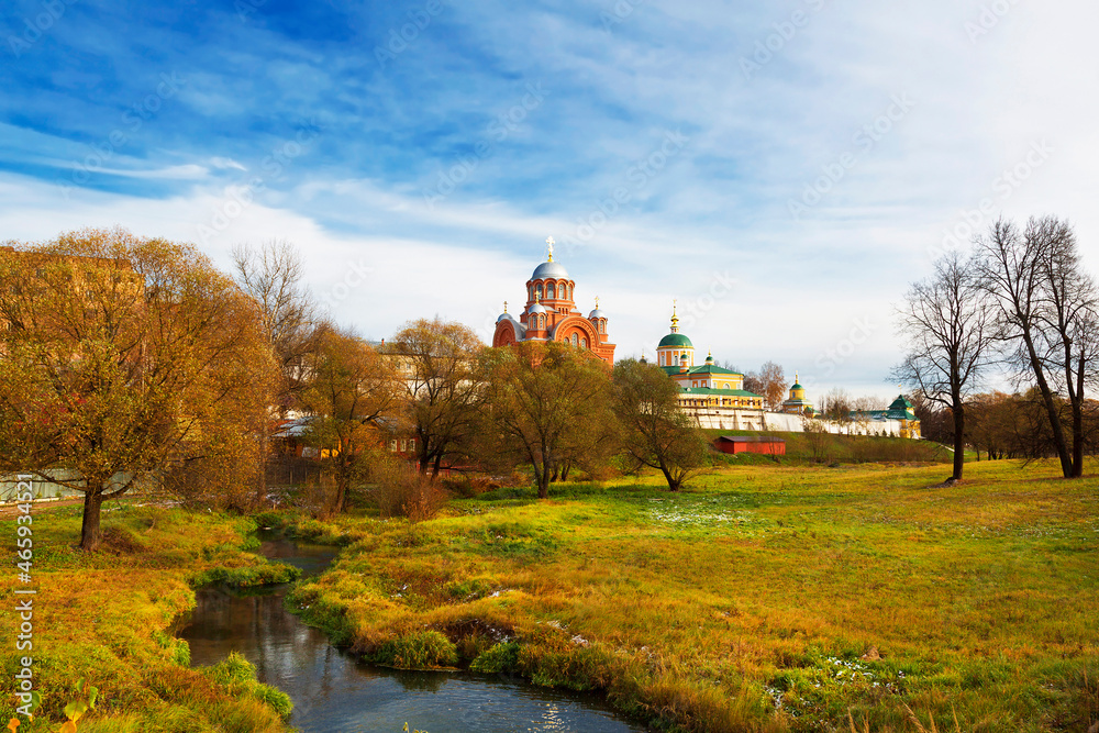 View of the Pokrovsky Convent in the city of Khotkovo and the valley of the Pazha River near the walls of the monastery. Moscow Region, Russia