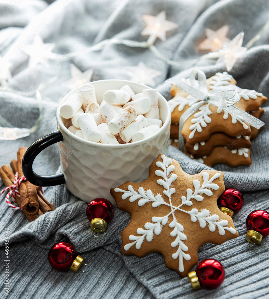 Christmas decorations, cocoa and gingerbread cookies. Christmas decorations, cocoa and gingerbread cookies.