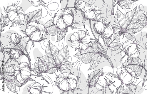 Vector, seamless, black and white pattern of cotton flowers drawing lines. Cotton branches with leaves are suitable for fabric, textiles, clothing, web pages, wallpapers, backgrounds, colorings