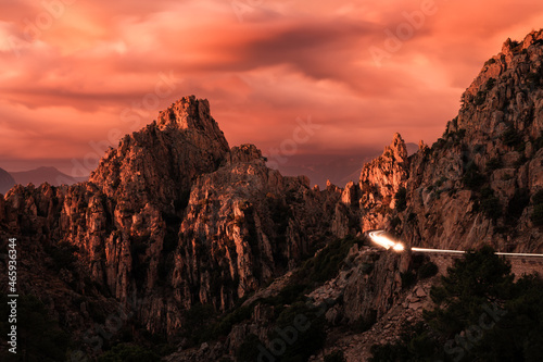 Sunset over Calanches of Piana in Corsica