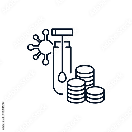 PCR test, stack of money. Polymerase chain reaction analysis concept, business during a pandemic, medical examination in case of illness. Vector icon isolated on white background. 