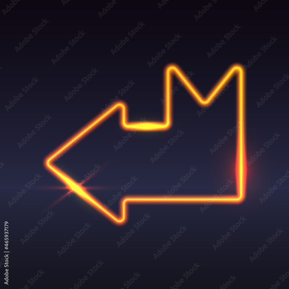 Gold neon empty pointer frame, yellow shiny arrow on black background. Vector illustration for card, design, flyer, poster, banner, web, advertising. Gold neon empty pointer frame, yellow shiny arrow on black background. Vector illustration for card, design, flyer, poster, banner, web, advertising.