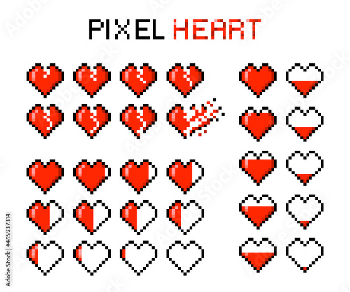 Pixel Hearth set game life bar, pixel art 8 bit, broken heart