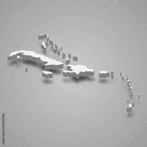 3d isometric map of Caribbean region, isolated with shadow