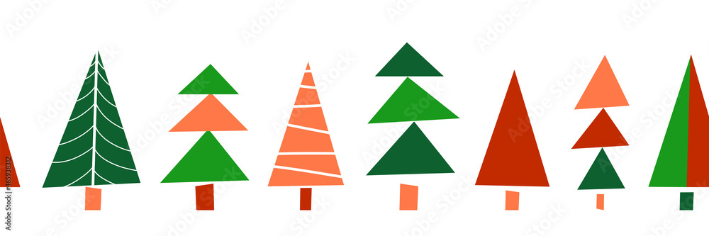 Christmas tree seamless border. Repeating vector pattern horizontal modern abstract paper cut shapes. Decorative Winter holiday design for ribbon, greeting card, scrapbooking, footer, header, dividers Christmas tree seamless border. Repeating vector pattern horizontal modern abstract paper cut shapes. Decorative Winter holiday design for ribbon, greeting card, scrapbooking, footer, header, dividers