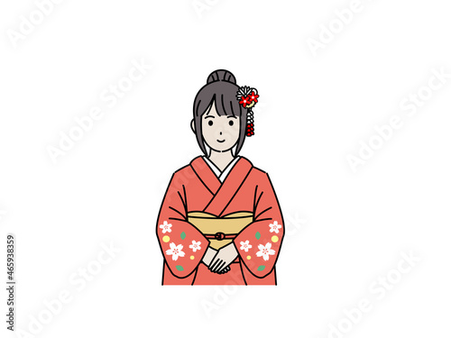 着物を着た若い女性　振袖　笑顔　上半身　イラスト素材