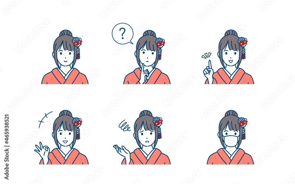 着物を着た若い女性 振袖 ポーズ 仕草 セット 上半身 イラスト素材 Stock ベクター | Adobe Stock