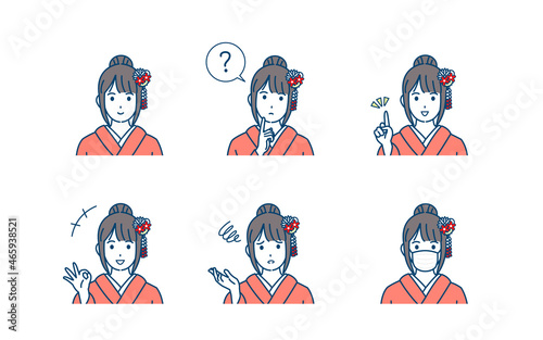 着物を着た若い女性　振袖　ポーズ　仕草　セット　上半身　イラスト素材