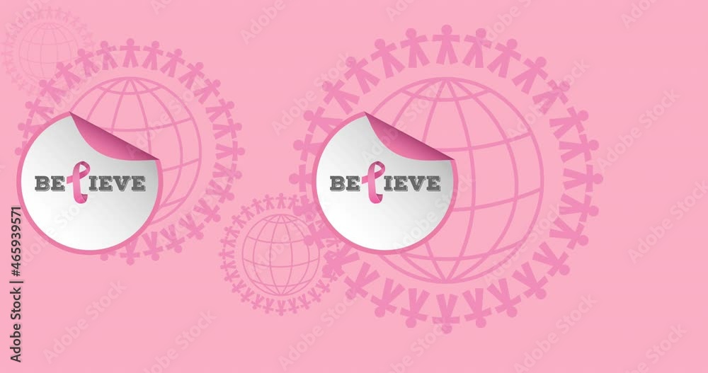 Animation of breast cancer awareness text over pink people and globes Animation of breast cancer awareness text over pink people and globes