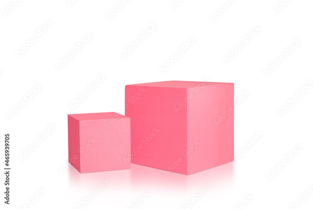 Two pink podiums isolated on white background. Podium for product, cosmetic presentation. Creative mock up. Pedestal or platform for beauty products. Two pink podiums isolated on white background. Podium for product, cosmetic presentation. Creative mock up. Pedestal or platform for beauty products.