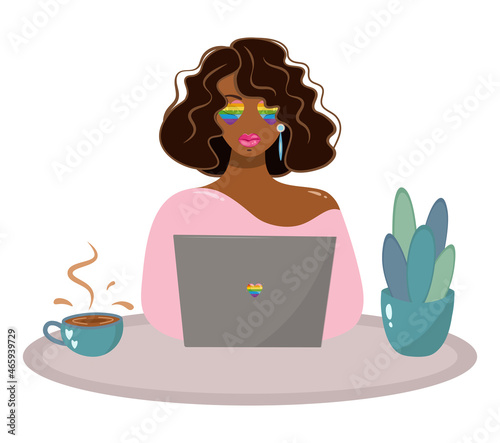 LGBT African American girl working at the computer. Vector portrait of a young beautiful woman in rainbow colored glasses, lgbt symbol. A lady in a pink blouse with a cup of coffee and a houseplant.