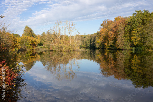 Mirror lake, colorful autumn forest reflected in a lake under beautiful cloudy sky. © Stefan