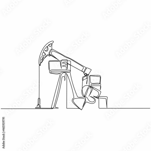 Vector continuous one single line drawing icon of crude oil pump jack at oilfield in silhouette on a white background. Linear stylized.