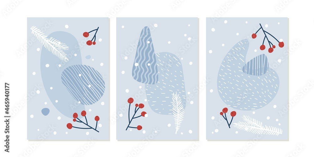 Set of abstract winter background with organic shapes, red berries, christmas tree twig, snow. Minimal vector Holidays poster. Blue red trendy collage for wall art decoration, postcard, cover design.