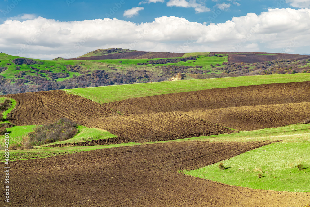 Plowed farm fields landscape