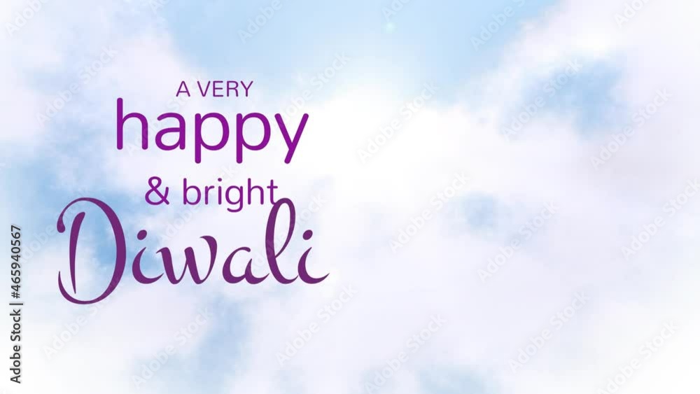 Animation of happy diwali text over blue sky and clouds