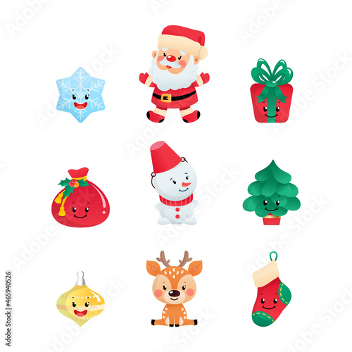 Set of cartoon Christmas icons. Collection of cute winter holiday symbols  Santa Claus  a snowman  a deer  a Santa Claus bag  a gift box  a star  a snowflake  a fir tree and a ball. 