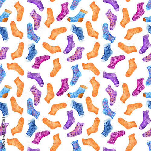 Watercolor seamless pattern with multicolored knitted socks