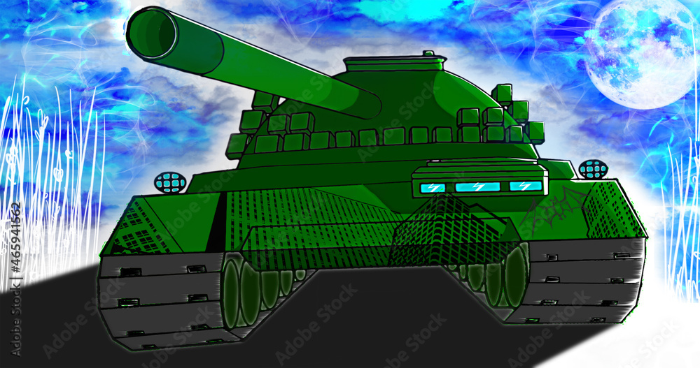 A green military tank among the clouds, consecrated by the moon