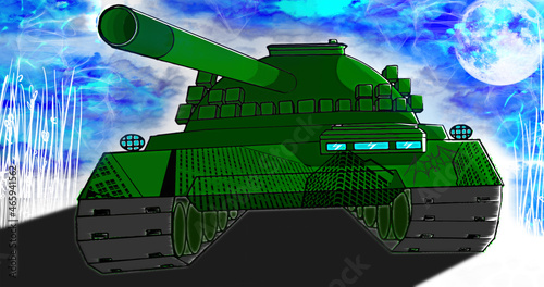 Fotografi A green military tank among the clouds, consecrated by the moon