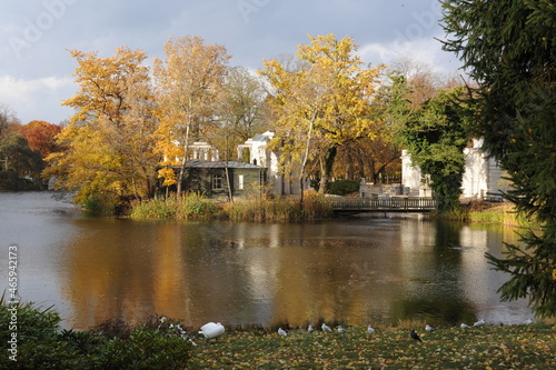 Lazienki (Royal Baths) Park in Warsaw, Poland in autumn with foliage on the trees