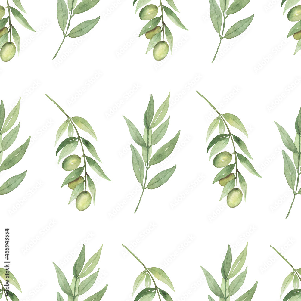 Olives Seamless Pattern, Watercolor Olive branch paper, botanical  repeat pattern, floral printing design, Nature pattern