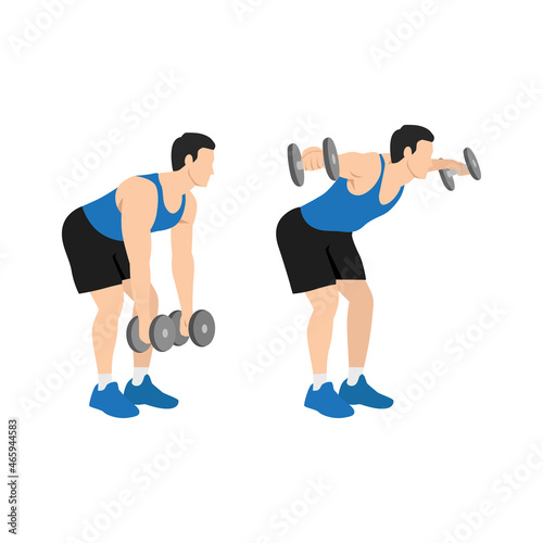 Man doing Dumbbell bent over lateral rear delt raises. Flyes exercise. Flat vector illustration isolated on white background photo