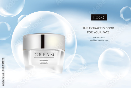 Ad template for cream and skincare product, bottle mock-up set on blue sky and cloud  in 3d illustration.