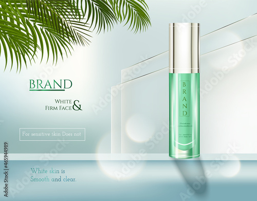Ad template of cosmetic for skin care, realistic spray bottle decoration with tropical tree leaves and glass illustrations background, 3d illustration
