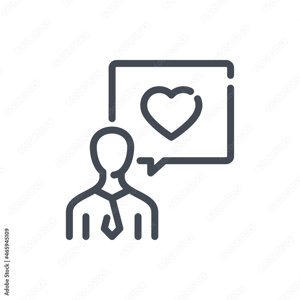 Declaration of love line icon. Man and speech bubble with heart vector outline sign. Declaration of love line icon. Man and speech bubble with heart vector outline sign.