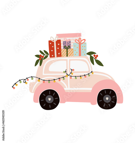 Christmas pink car vector, Christmas illustration vector, New year banner illustration, Abstract isolated Christmas car 