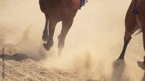 Hooves of Several Racehorses Raise a Cloud of Dust. Close-up. Slow Motion