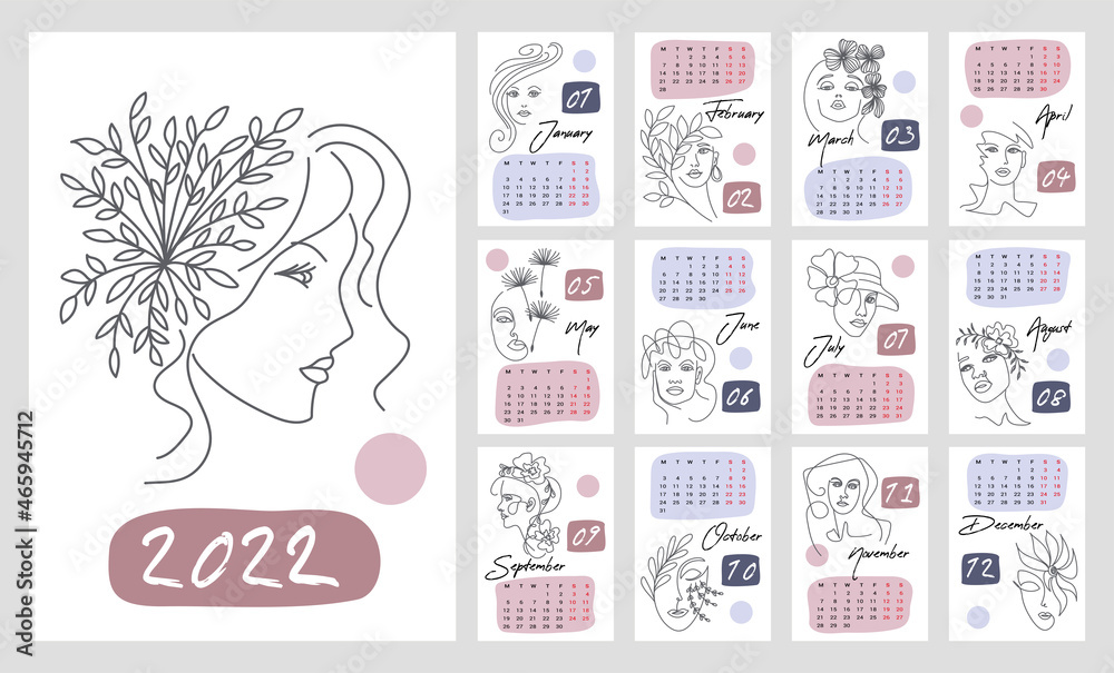 Calendar template for 2022. Vertical design with abstract female faces. Editable vector illustration, set of 12 months with a cap. Week starts on MondayPrint