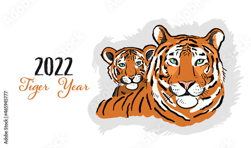 Greeting card with Tigers family. Symbol of 2022 New Year. Design Template fo...