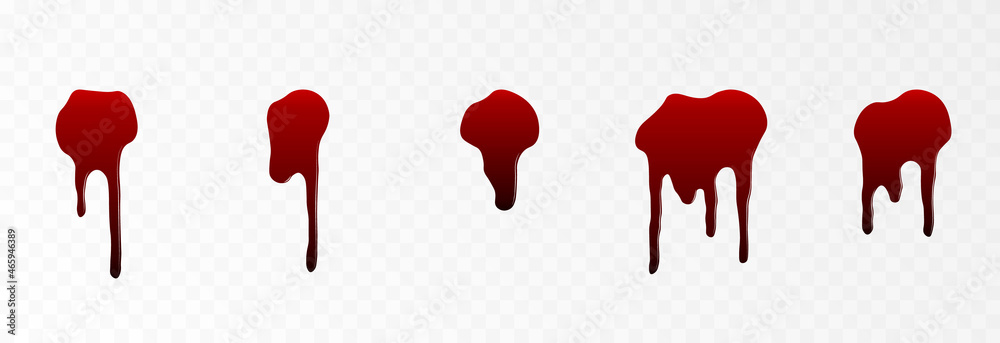 Vector set of drops of blood on an isolated transparent background. Drops, spatter of blood PNG, drips of blood PNG. - obrazy, fototapety, plakaty 